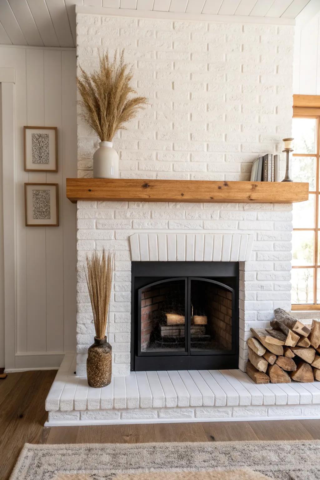 Bright white painted brick transforms a dated lake house fireplace into a fresh, airy focal point.