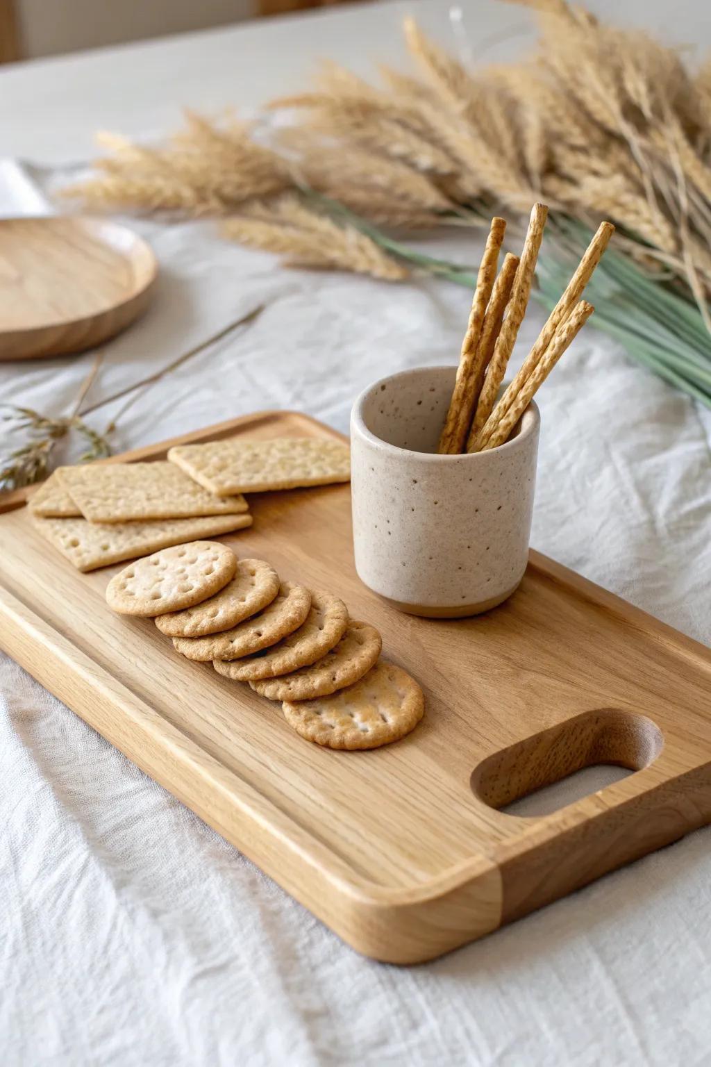 Cracker fans and a breadstick cup add instant height and volume to a large wooden board.