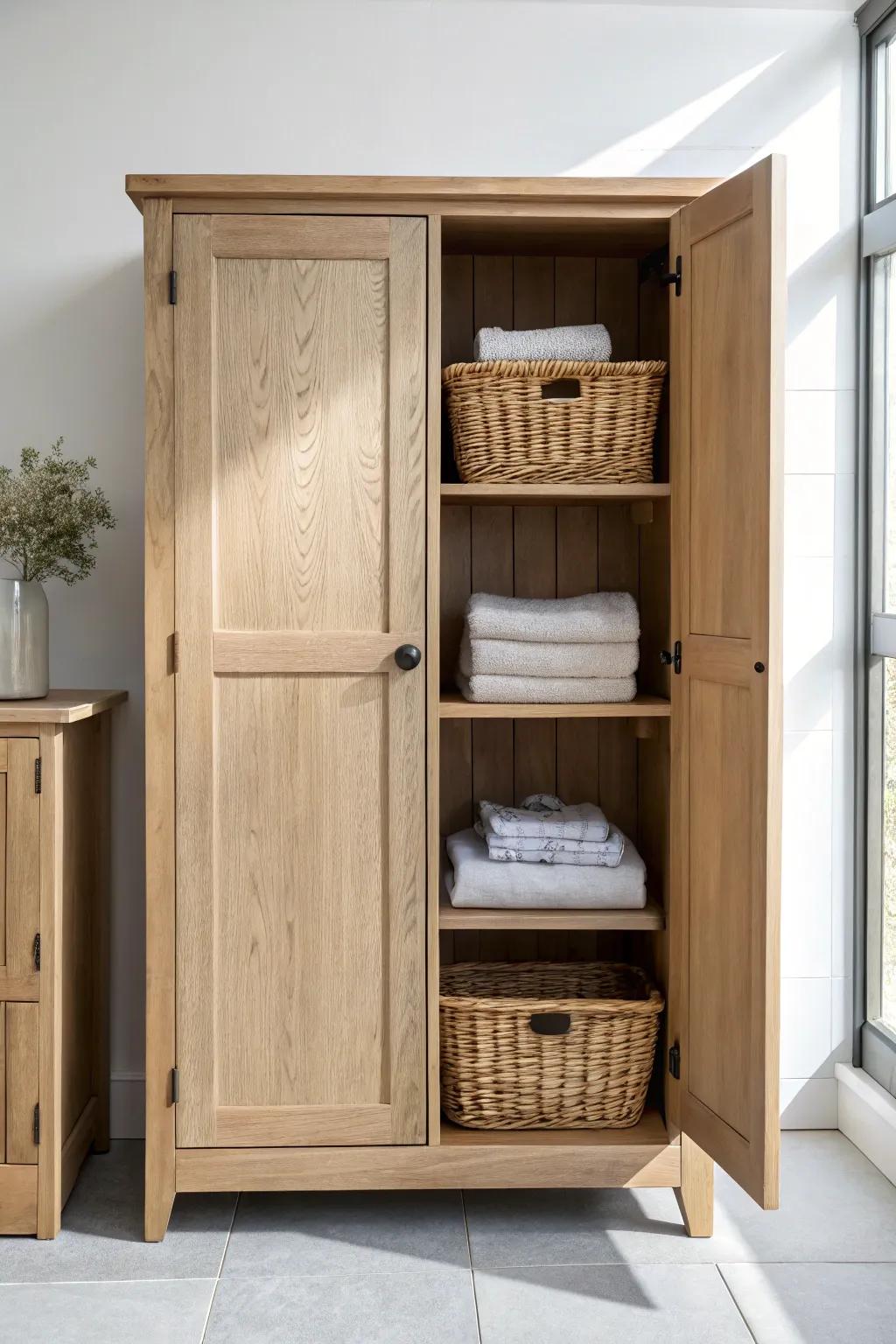 Open shelves between cabinets keep laundry storage airy, styled, and beautifully practical.