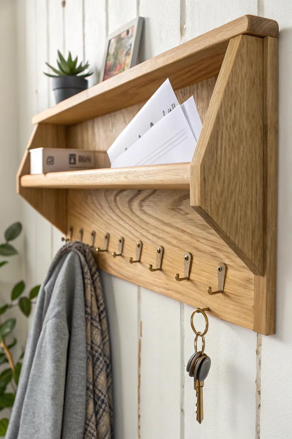A simple oak coat rack with a mail-and-key ledge—tiny lip, zero lost receipts.