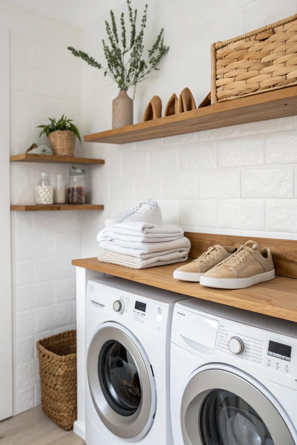 Shallow floating wood shelves above the washer keep everyday shoes tidy and off the floor.