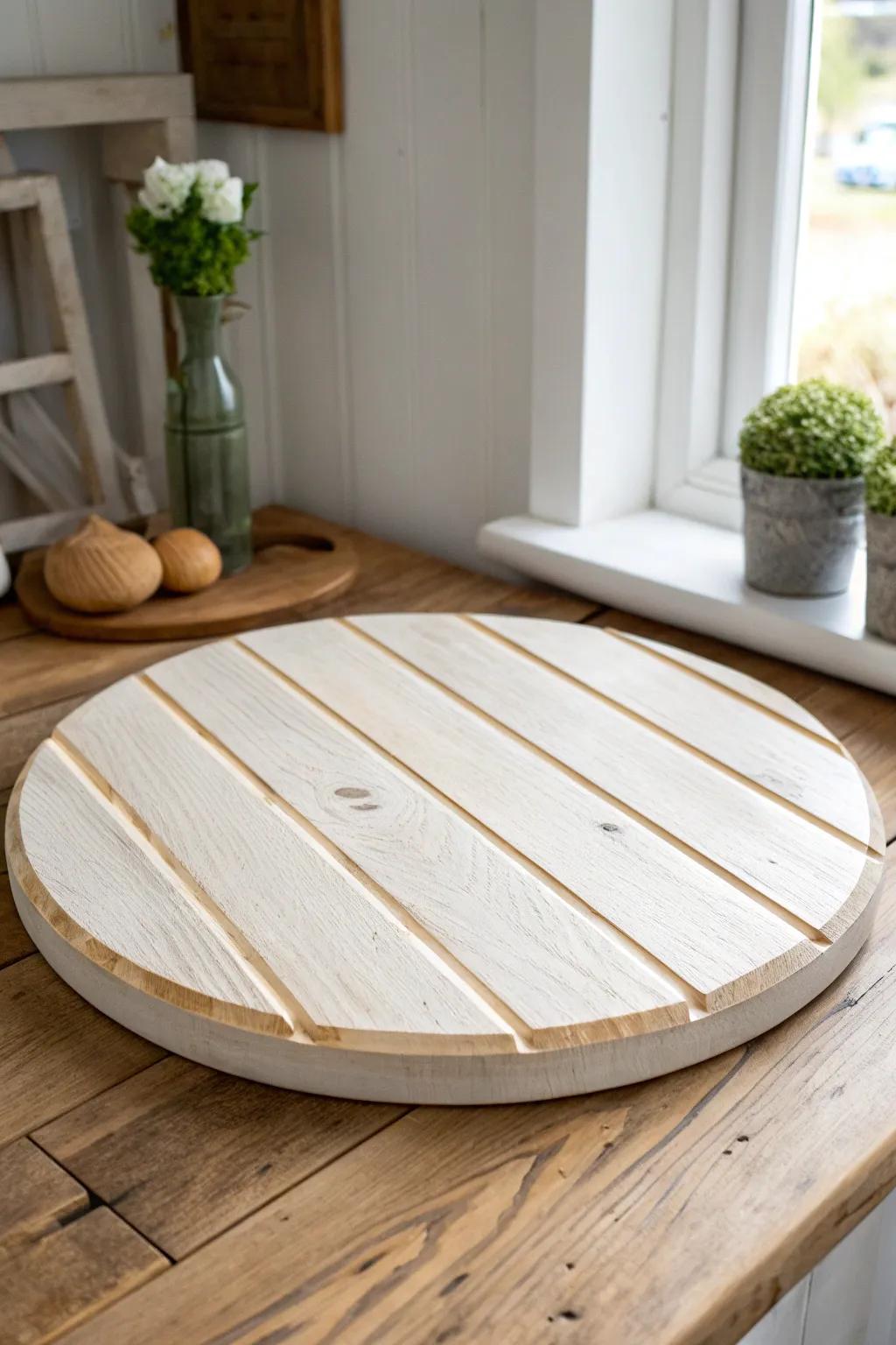 Creamy shiplap-planked lazy Susan with softly sanded edges for a cozy cottage look.