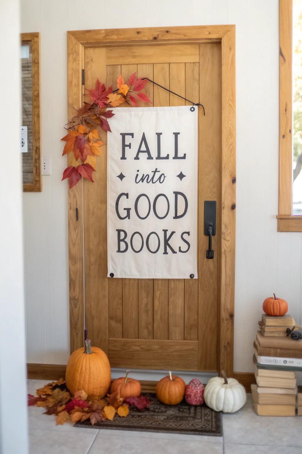 Autumn library door decor: paper pumpkins, warm leaves, and 