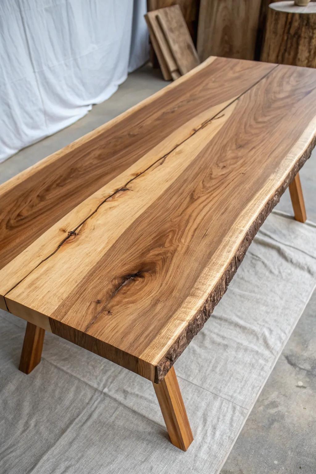 Two bookmatched live-edge slabs with a subtle seam—mirrored grain for a custom, luxe desk look.