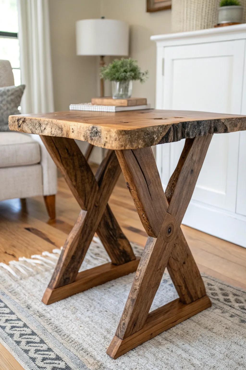 Rustic X-frame meets smooth live edge—cabin charm with clean Scandinavian polish.