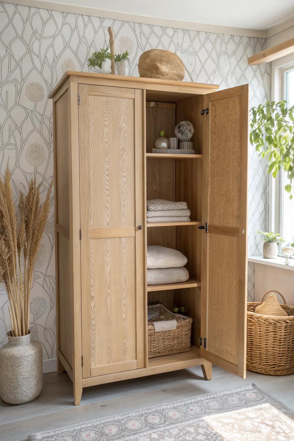 Open the doors: patterned wallpaper turns a simple armoire into a boutique-style showcase.