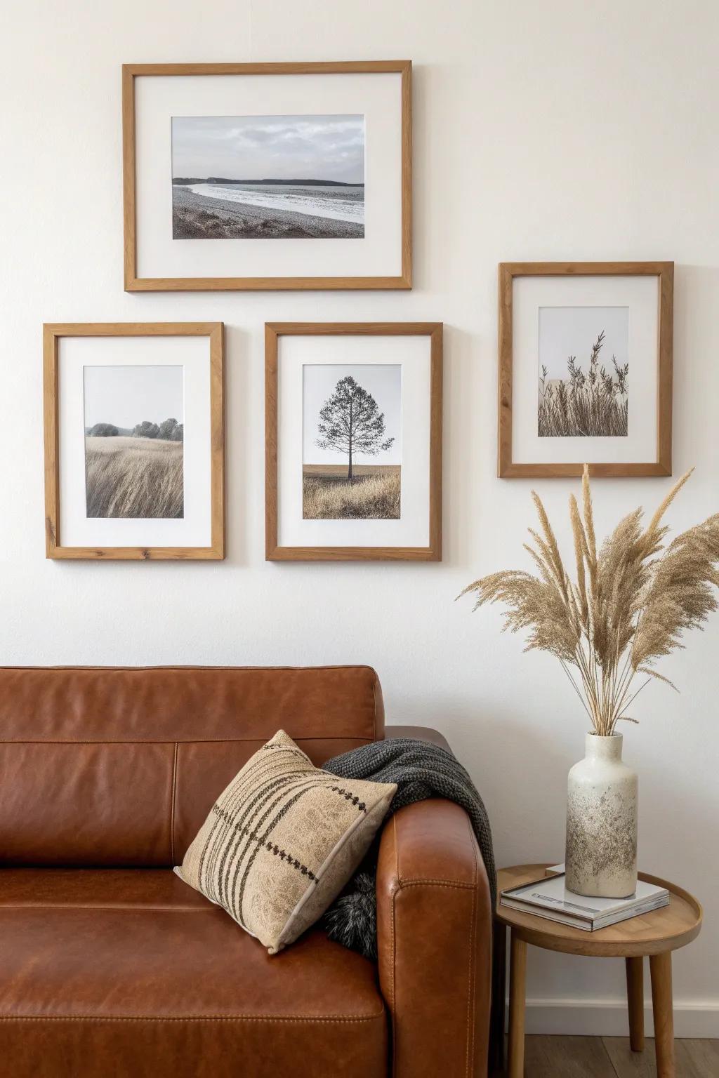 Mixed-tone wood frames turn a brown couch into a warm focal point with simple gallery style.