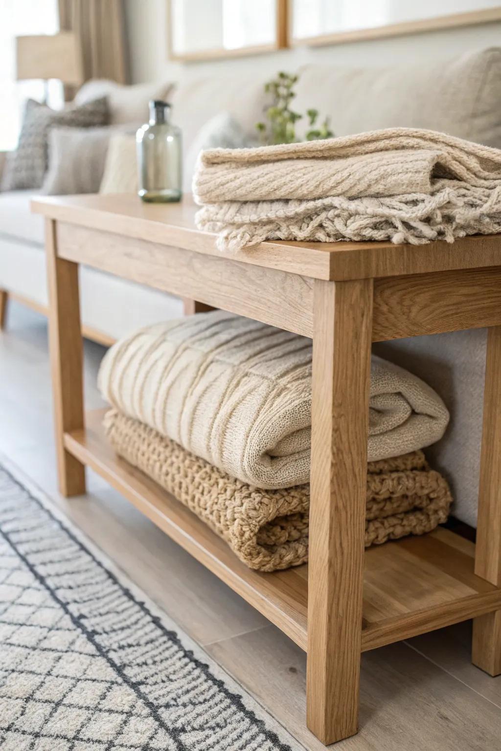 A neatly folded chunky knit throw adds cozy texture and warmth to a simple oak sofa table.