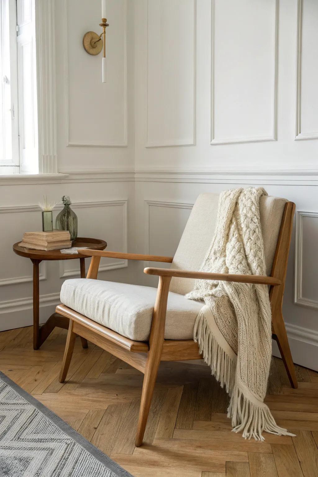 Wainscoting wraps this reading corner, making it feel like a cozy room within the room.