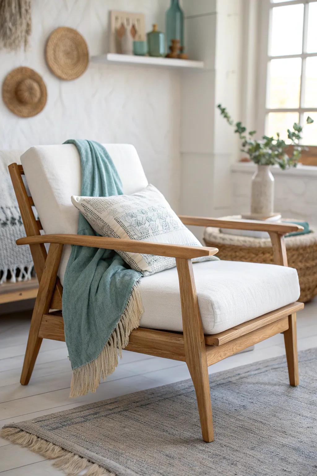 Dusty blue and white linens bring airy calm to light oak—soft, cool, and timeless.