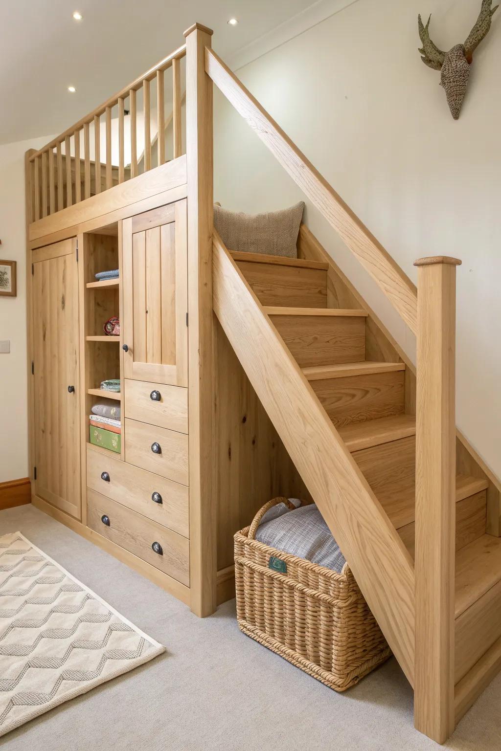 Slim loft-bed stairs with built-in cubby risers—compact footprint, warm oak, zero wasted space.