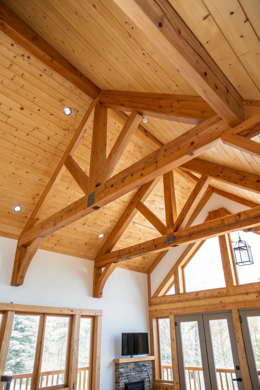 Vaulted exposed beams turn a log cabin great room addition into a bright, gathering-ready showpiece.