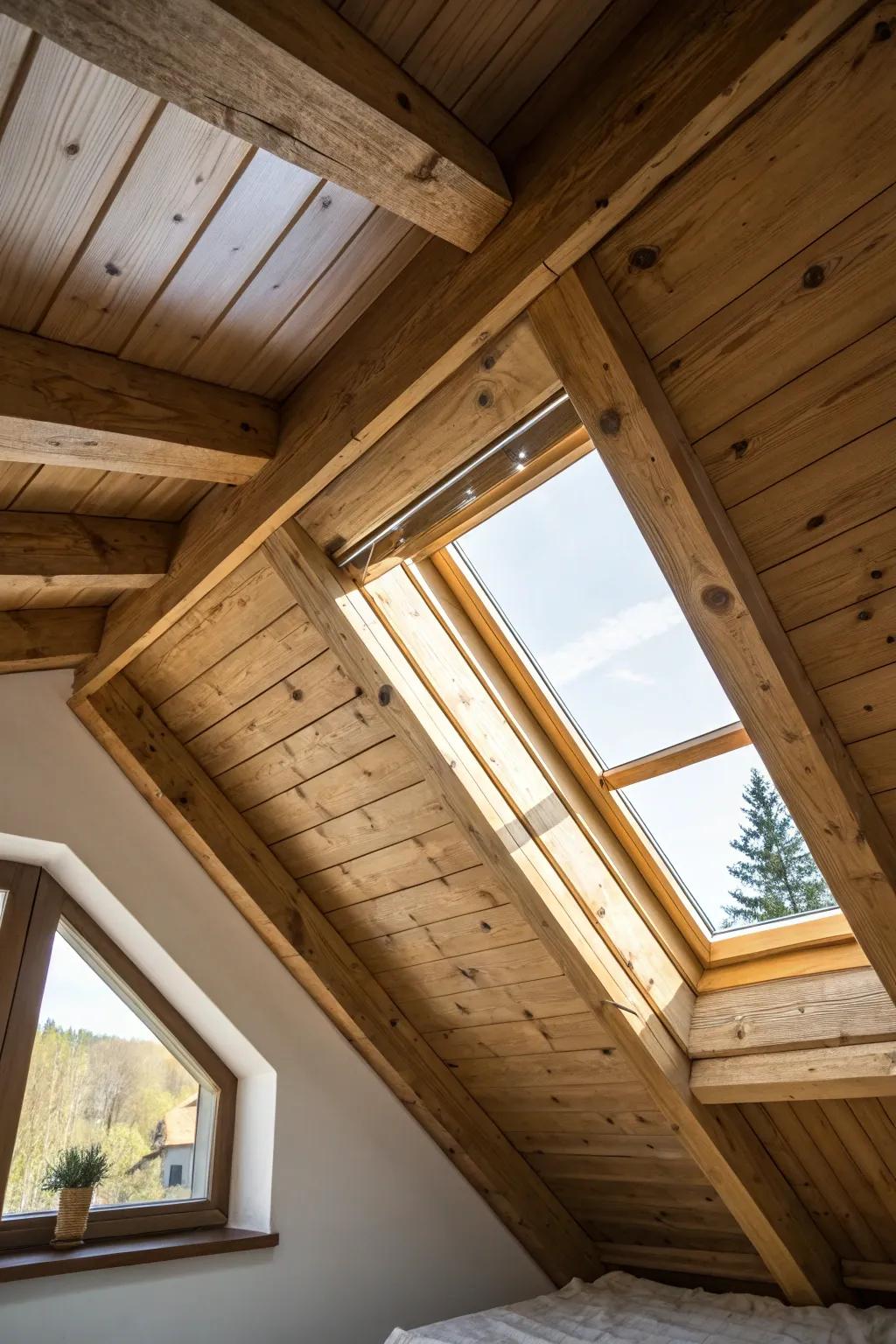 One skylight turns a shadowy log cabin loft into a glowing retreat—grain and light become decor.
