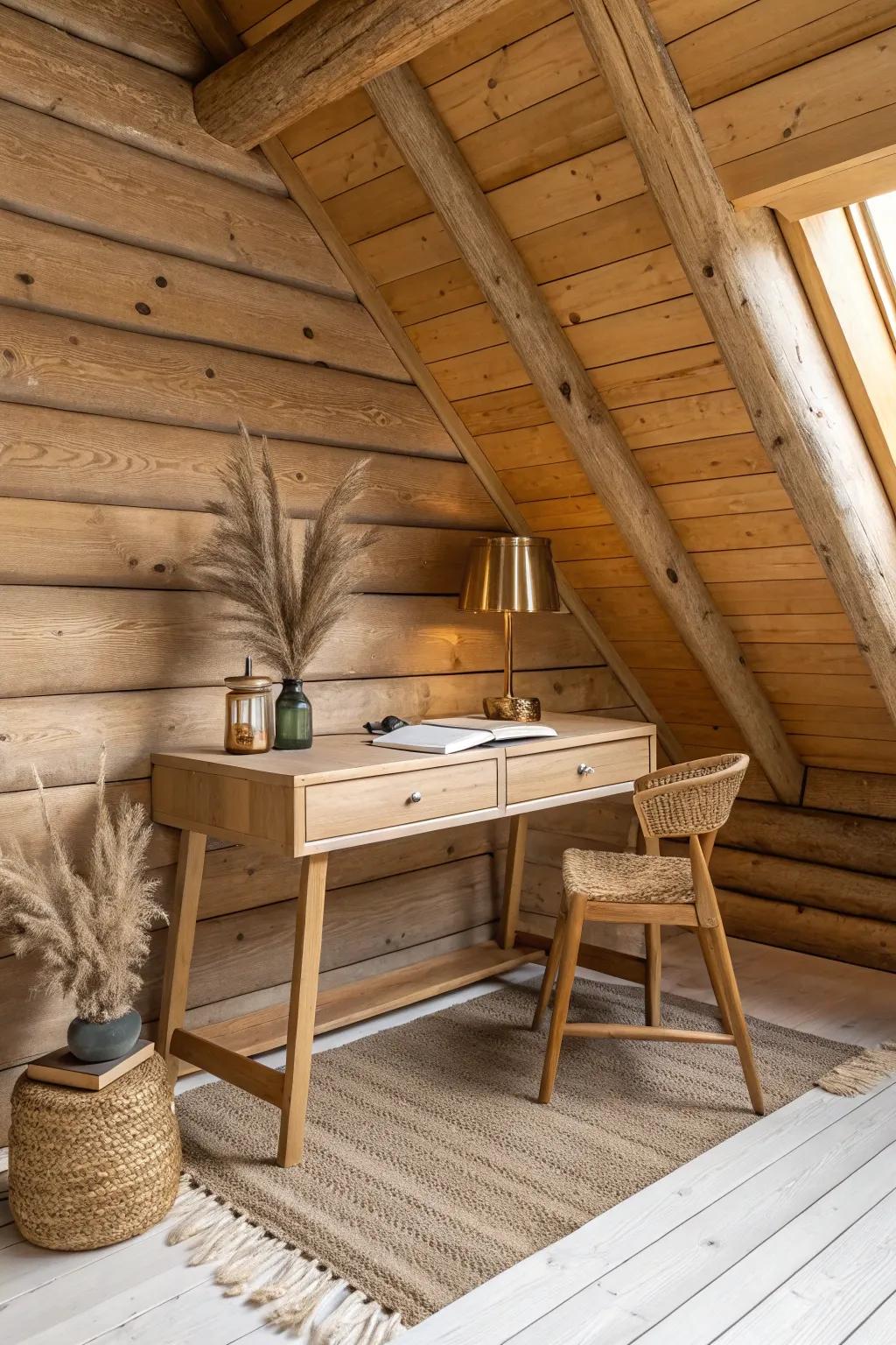 A loft nook desk under a sloped log ceiling—minimal, cozy, and brilliantly space-smart.