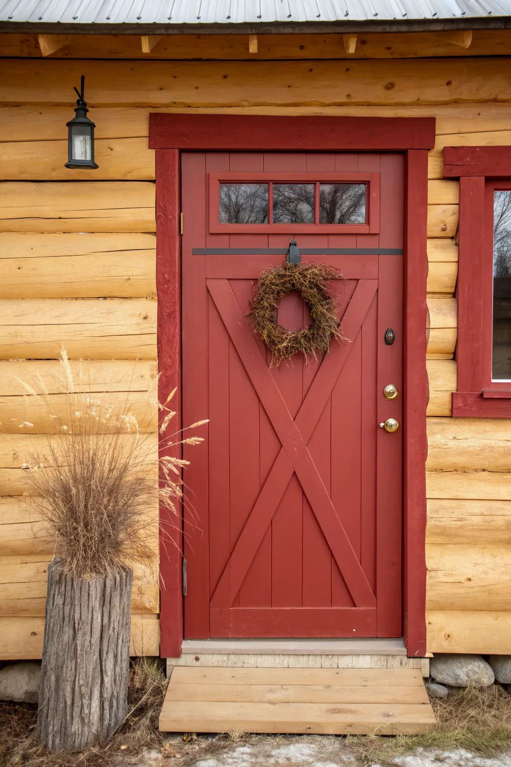 Barn red door + slim trim band instantly warms a log cabin with cozy, handcrafted charm.