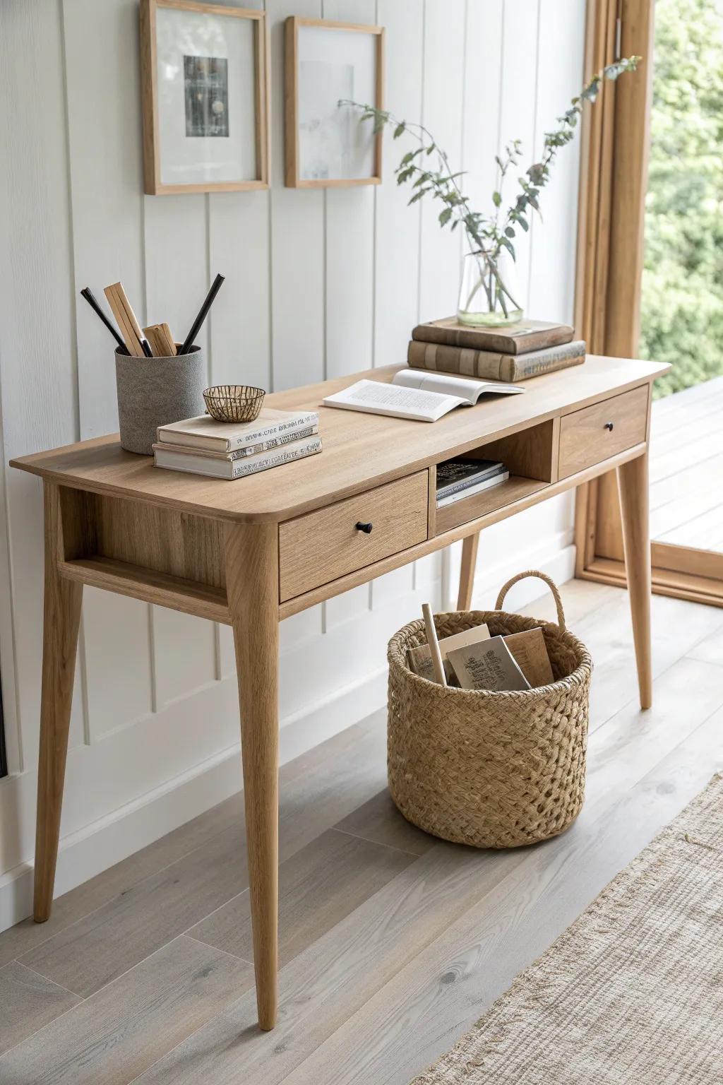 Long oak desk with open cubby ends—pretty, practical storage for books, baskets, and tools.