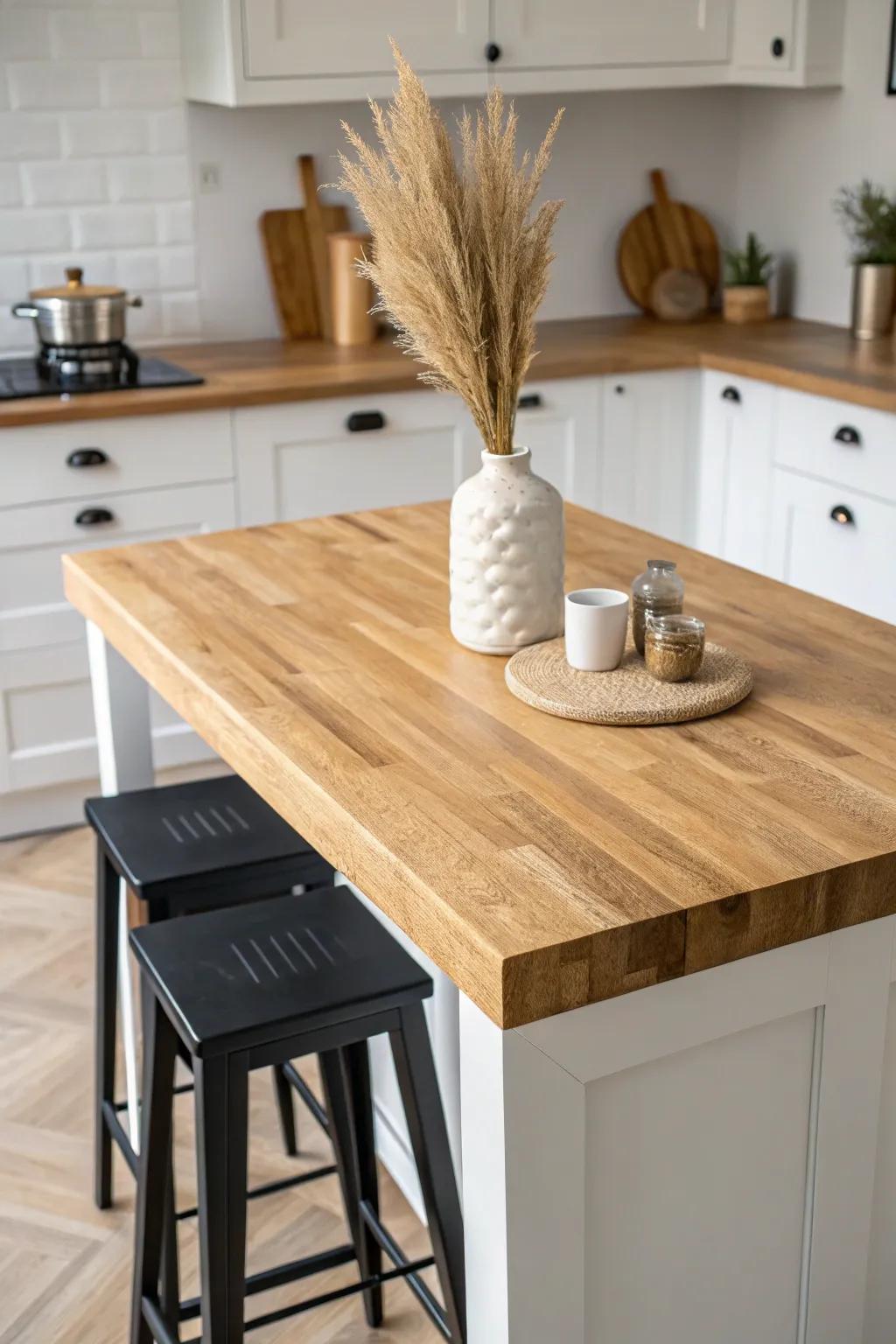 A warm oak butcher-block island top that turns a long kitchen into the heart of home.