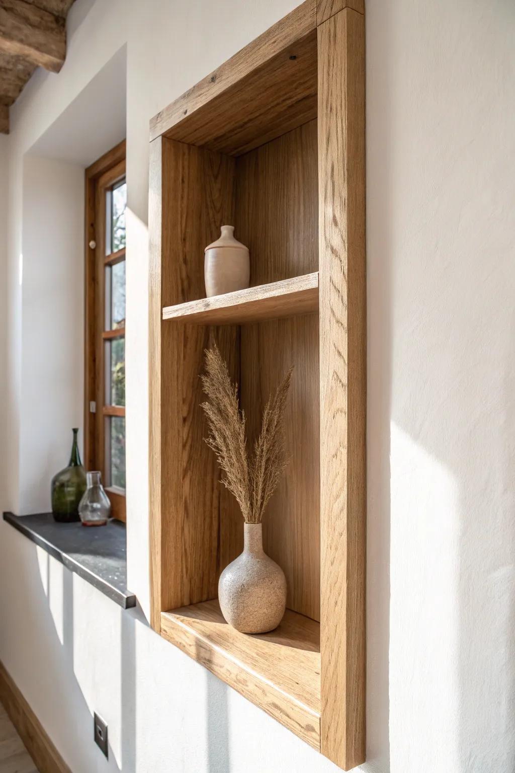 A wall-to-wall alcove shelf makes awkward recesses look intentional and beautifully custom.