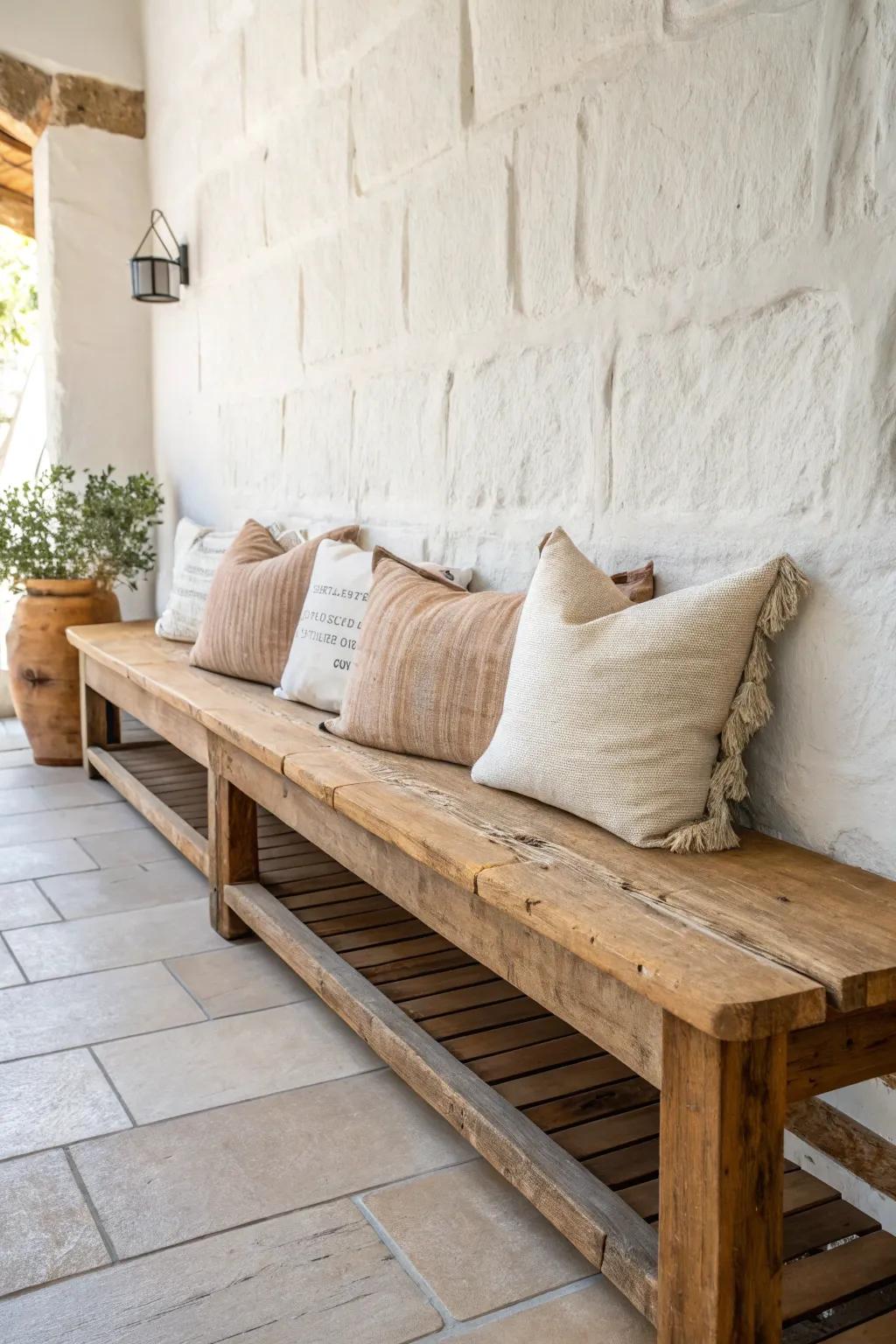 Café-style comfort at home: a reclaimed-wood wall bench with pillow back and soft linen tones.