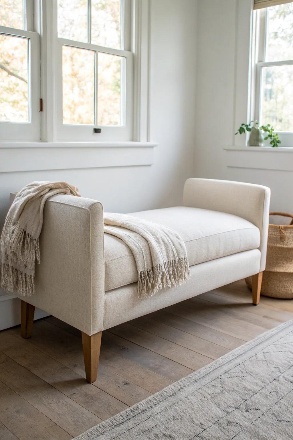 Exposed tapered wood legs keep a loveseat at the bed’s end light, airy, and beautifully refined.