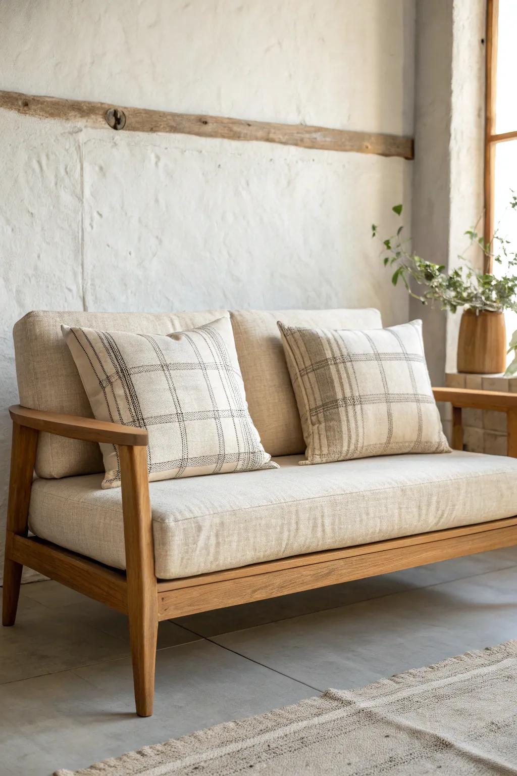 Two matching throws + one textured lumbar: the easiest loveseat styling that stays cozy.