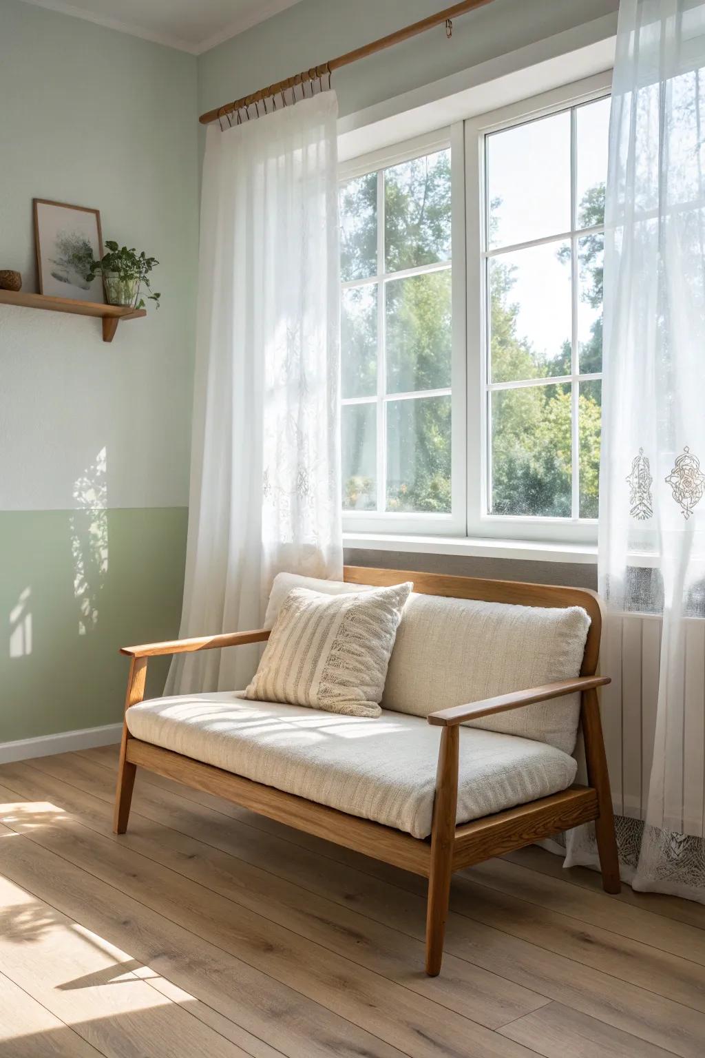 A sunlit window nook: a handcrafted oak loveseat that makes the bedroom feel instantly custom.