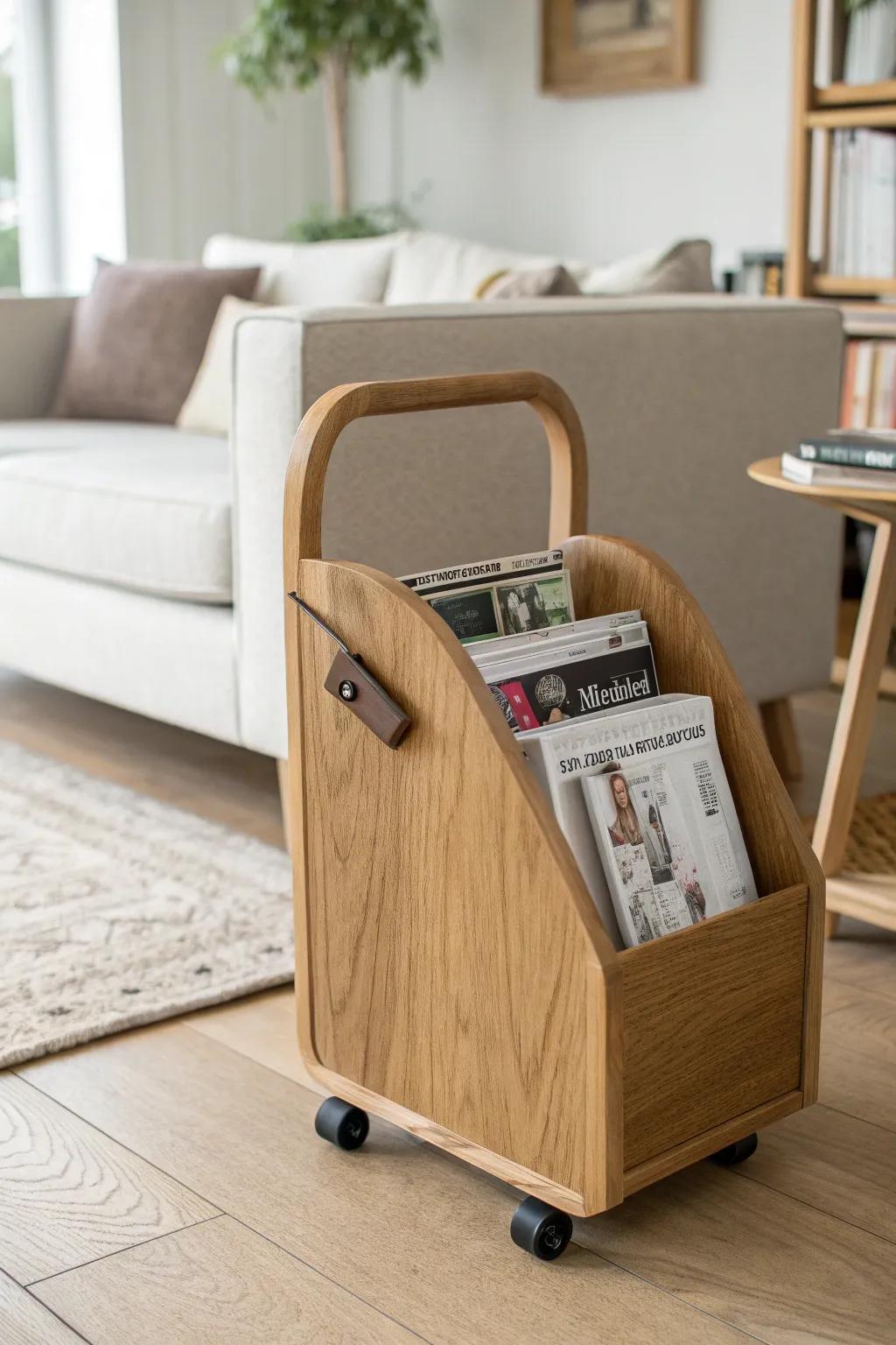 A slim rolling magazine caddy that tucks beside the sofa—beautiful, simple, and handmade.