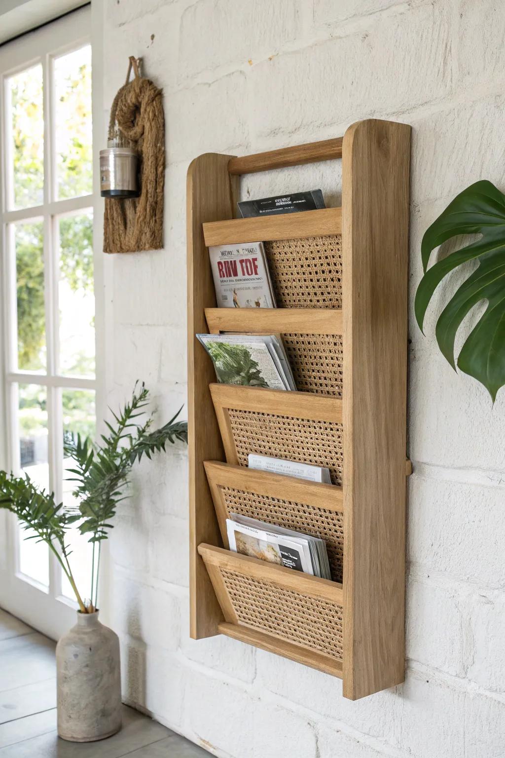 A minimalist wall-mounted magazine sorter—scrap wood, angled pockets, and effortless grab-and-go.