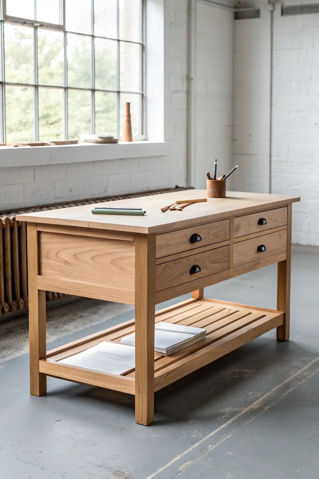 A central tool island with drawers on both sides—shared workflow, zero elbow-bumping.