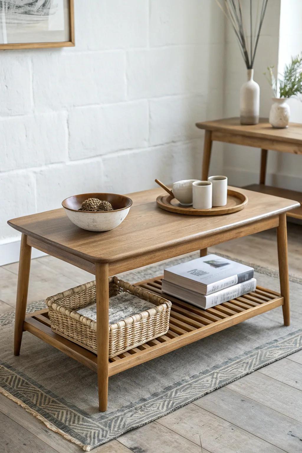 Two-tier handcrafted oak coffee table—snacks on top, games and gear tucked neatly below.