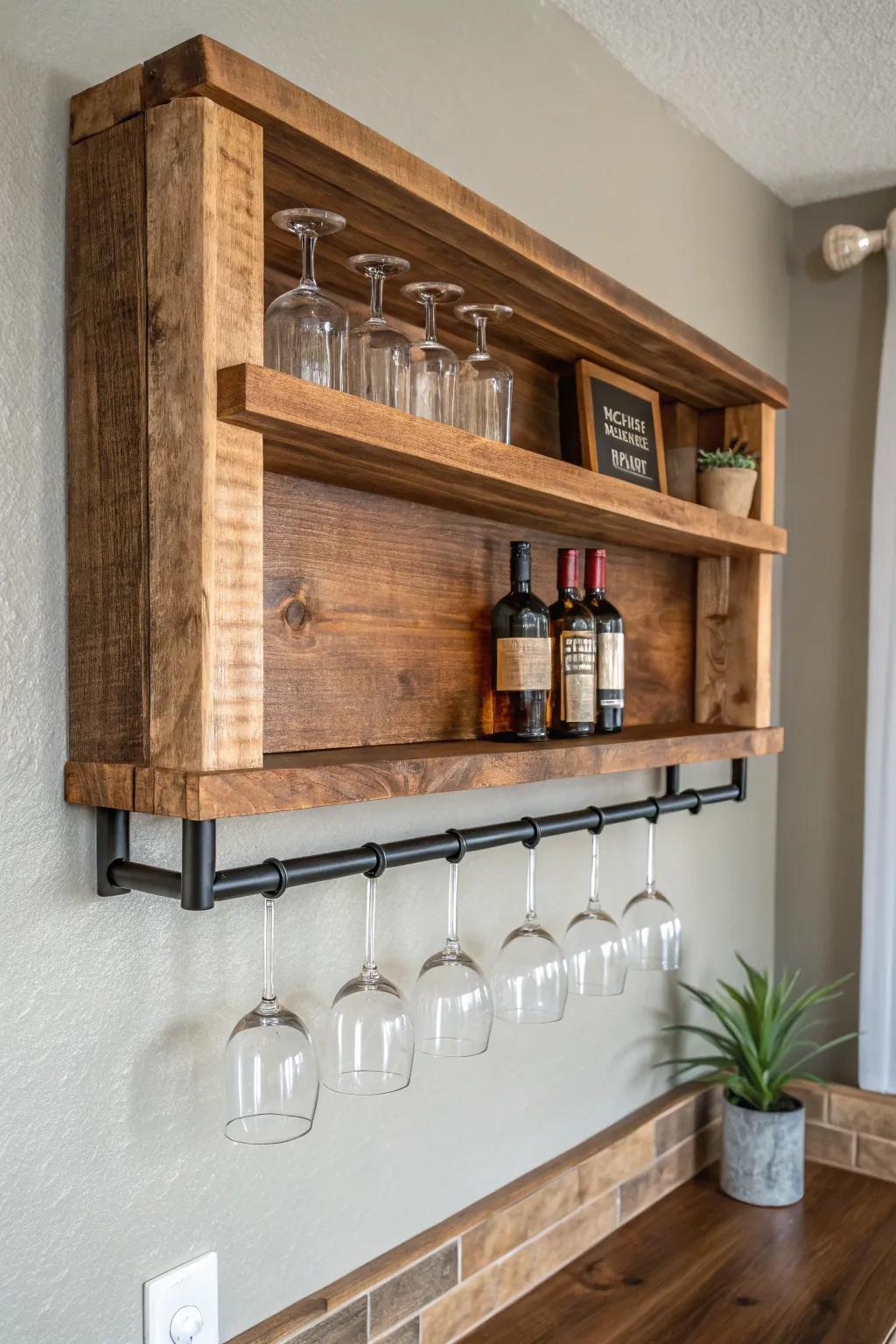 Rustic wood bottle shelf with stemware rack—an instant upgrade for a tidy man cave bar.