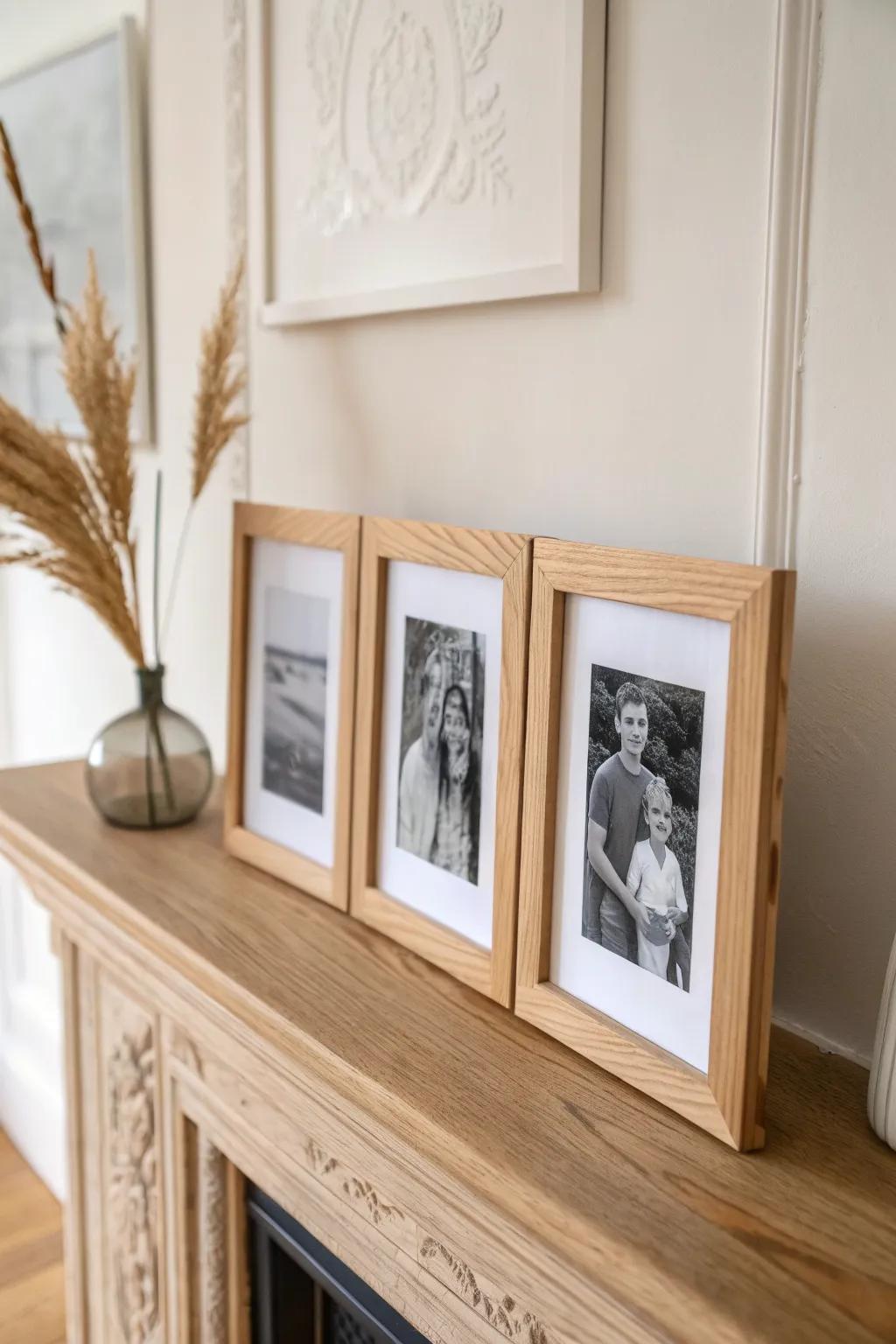 Matching pine frames turn family photos into cohesive, calm mantel art with warm Scandinavian charm.