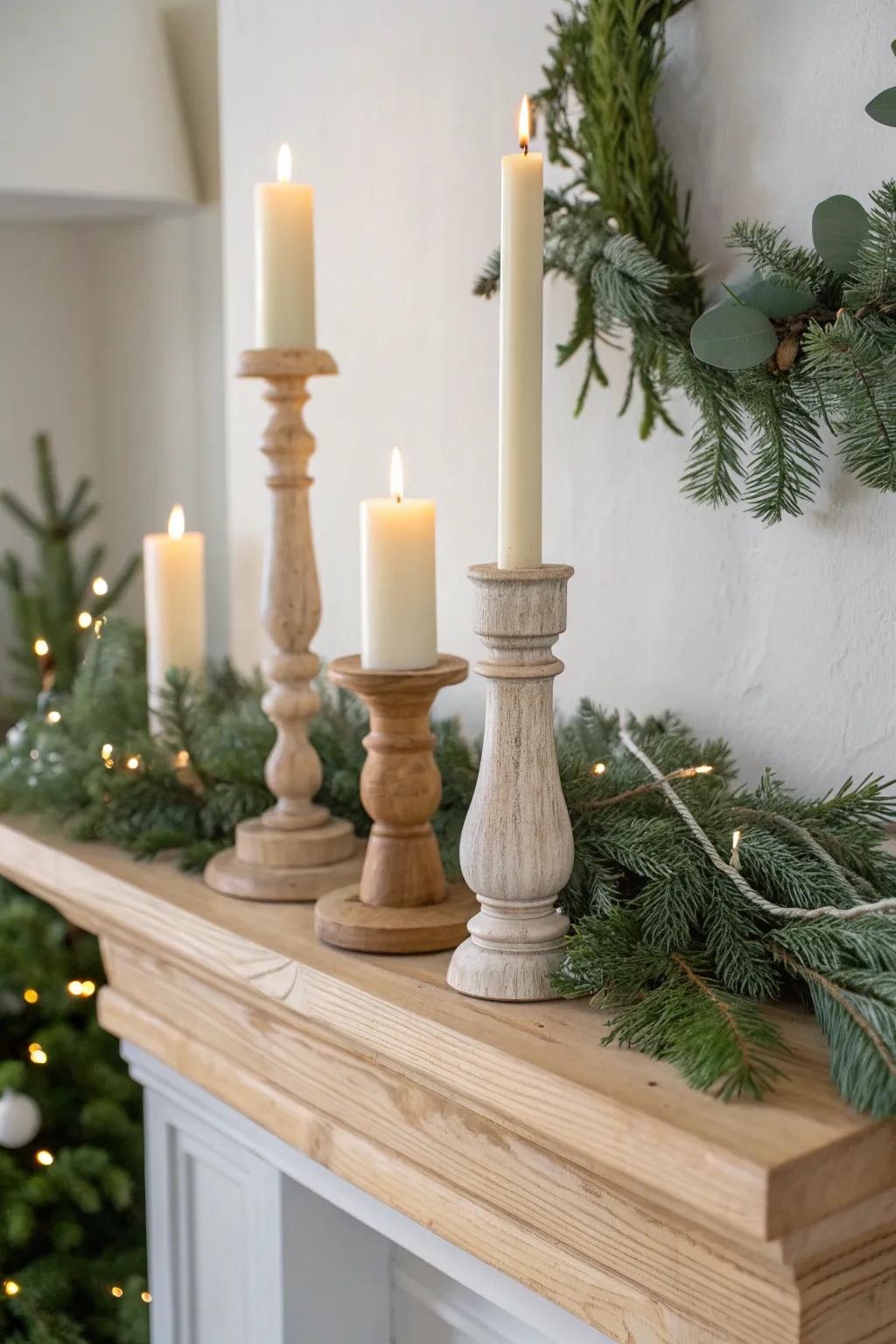 Mixed-height candles behind a simple garland—an effortless, dreamy mantel glow in minutes.