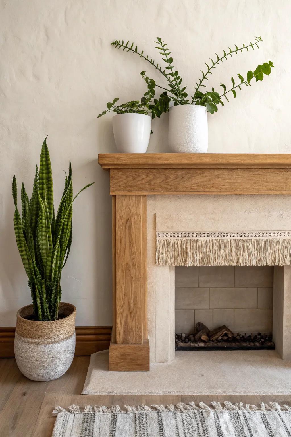 Frame your mantel with two potted greens—one tall, one trailing—for calm, balanced symmetry.