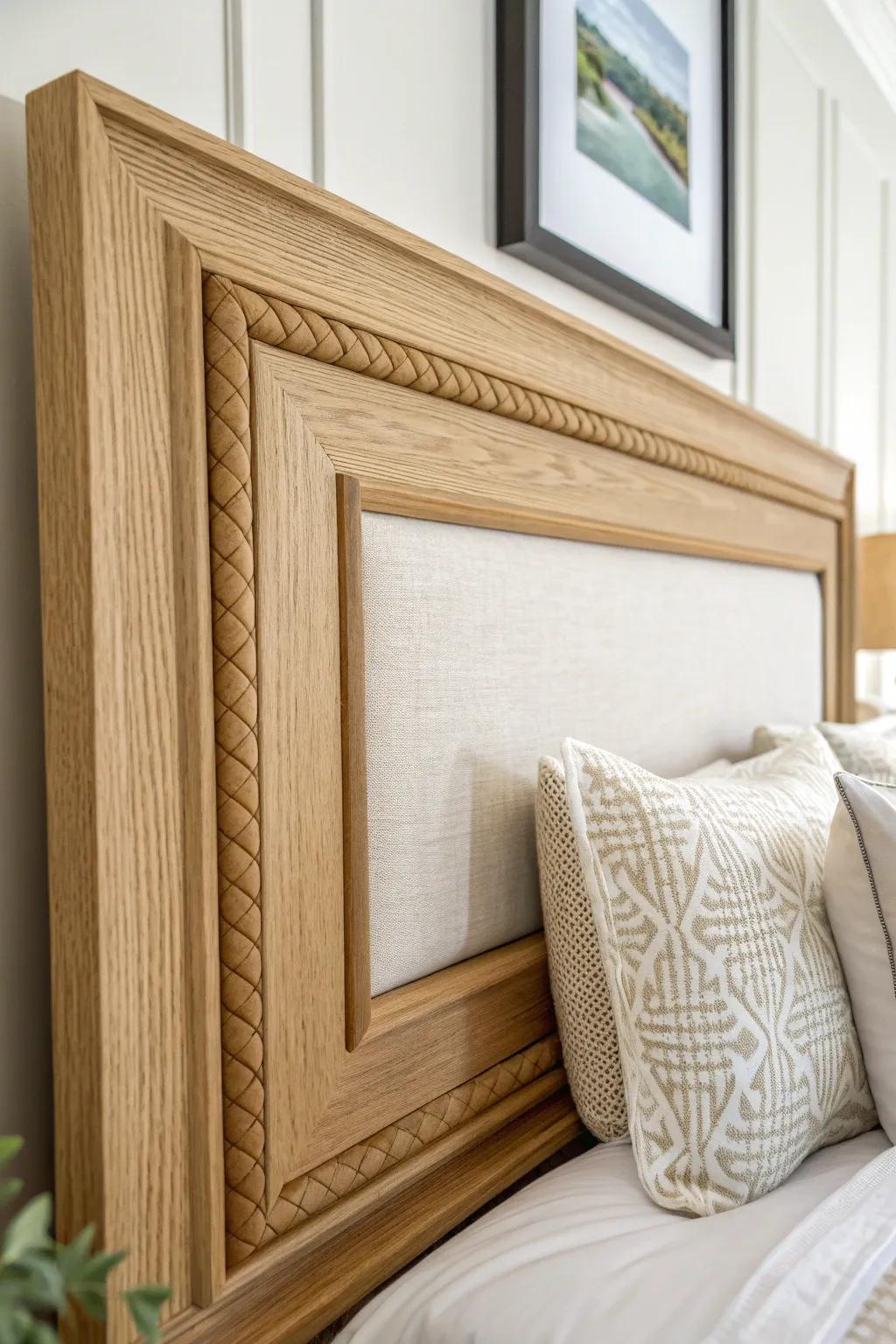 Nested oak frame molding adds sculptural depth behind the bed—clean, calm, and custom.