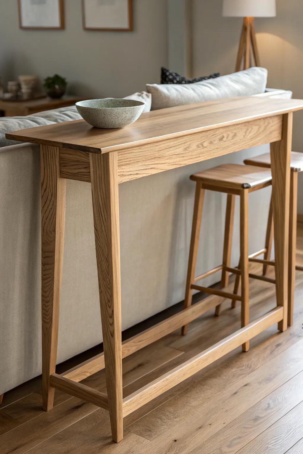 Back-row oak bar counter: a chic perch for snacks and scorekeeping—without crowding the sofa.