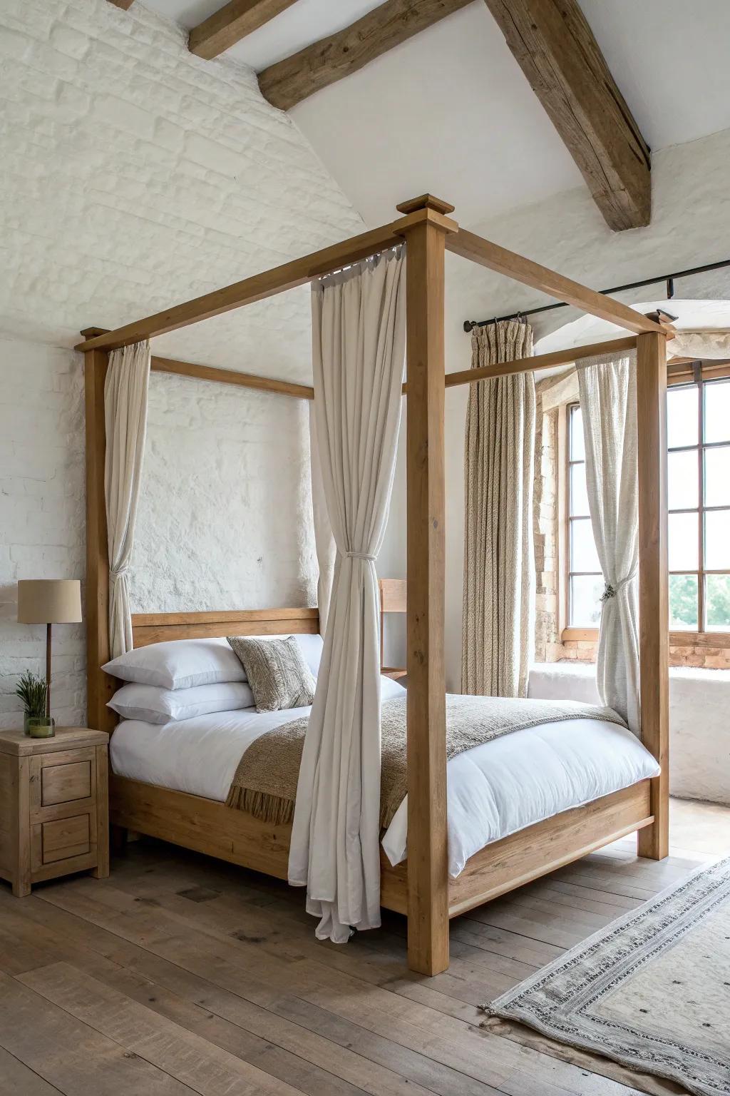Minimal oak canopy bed with heavy linen drapes—medieval drama, Scandinavian calm.