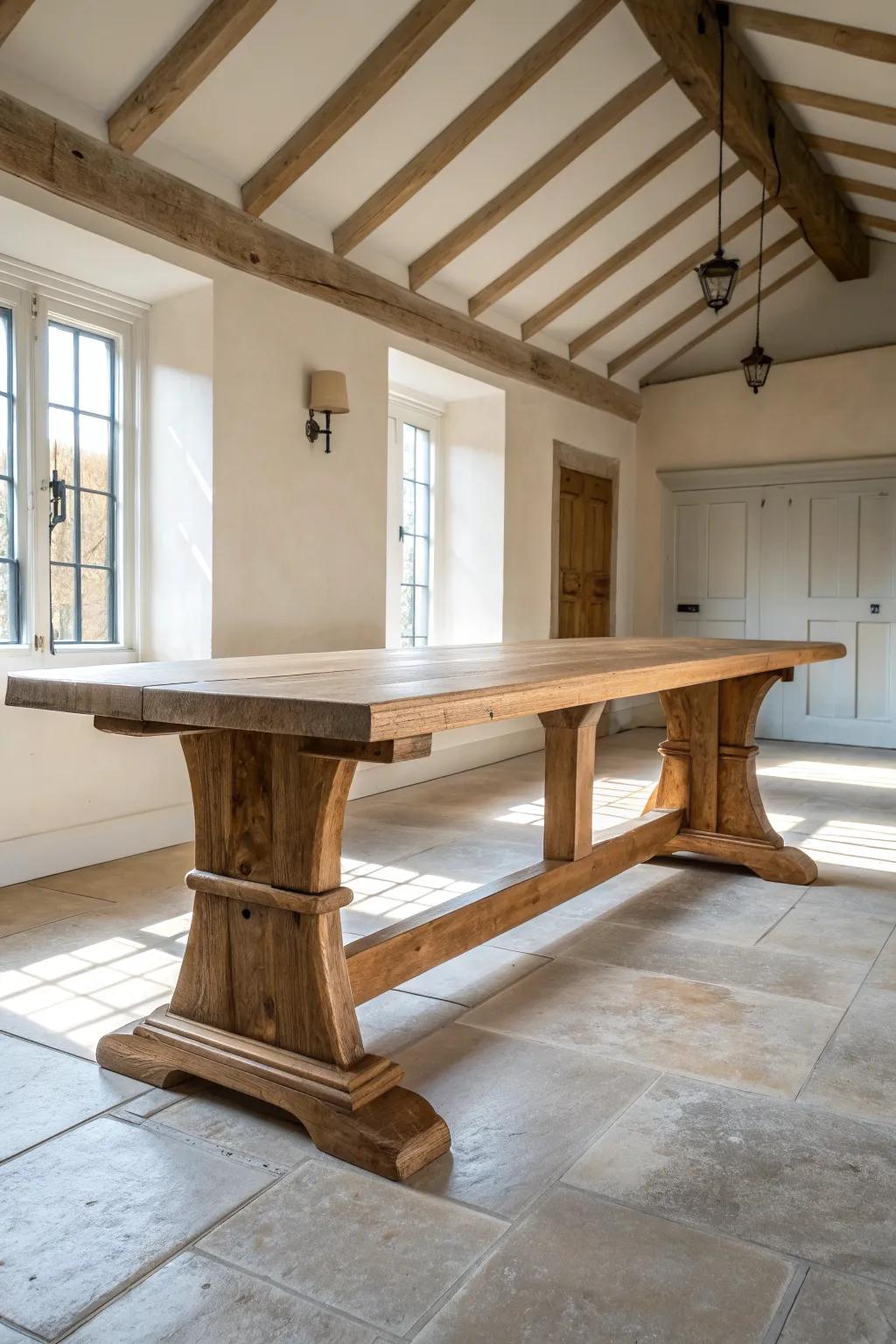 Tavern-long farm table with pegged joinery—medieval character in calm Scandinavian style.