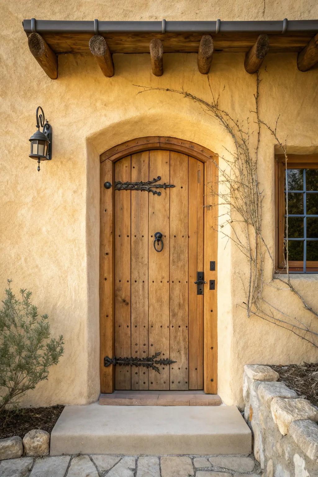 A reclaimed wood beam lintel adds rustic Mediterranean charm—perfect with matte iron hardware.