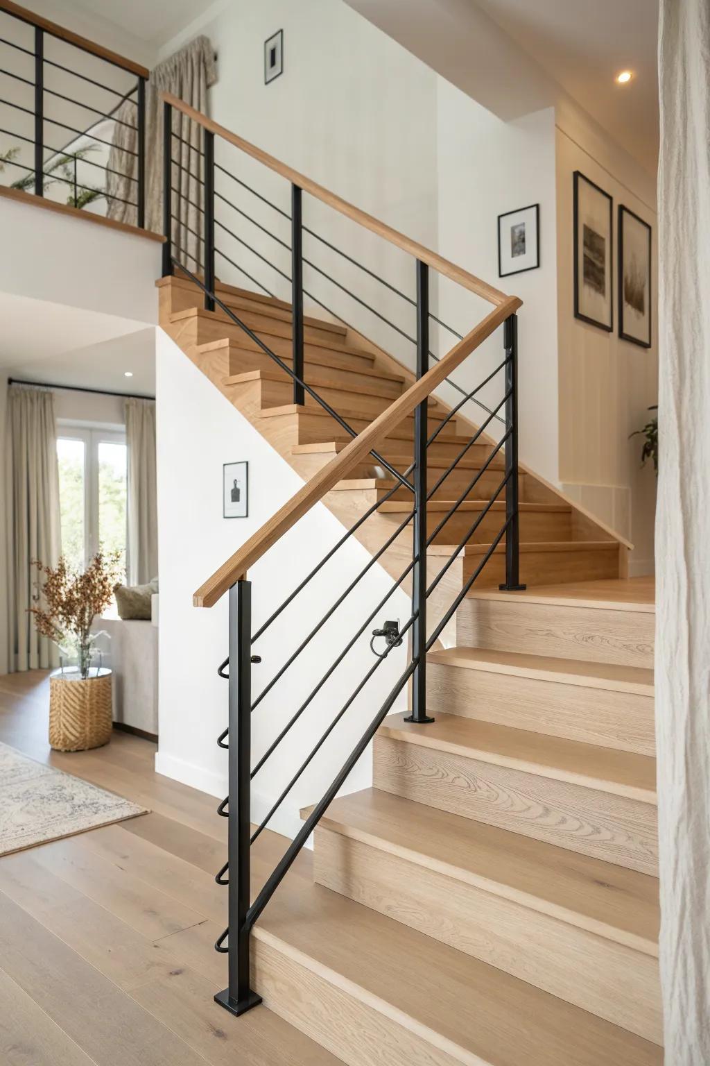 Sleek horizontal steel rods meet warm oak—an airy, modern mezzanine edge with clean lines.