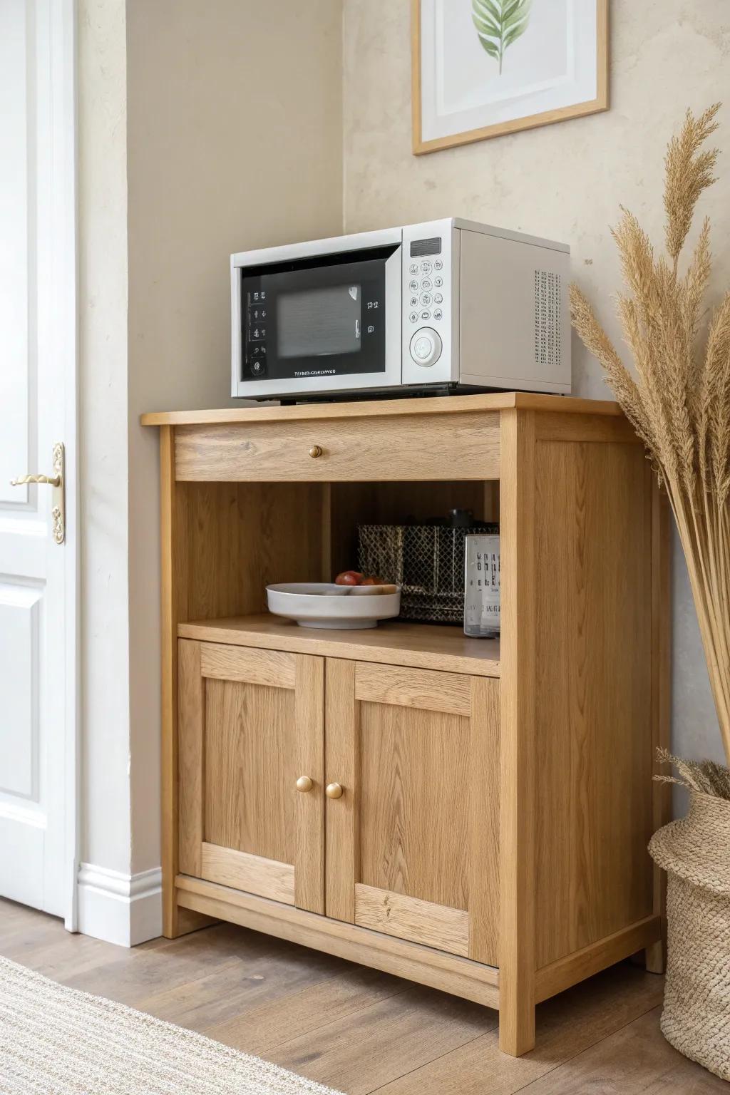 A niche-perfect microwave stand with matching panels and a hidden cord hole for a built-in look.