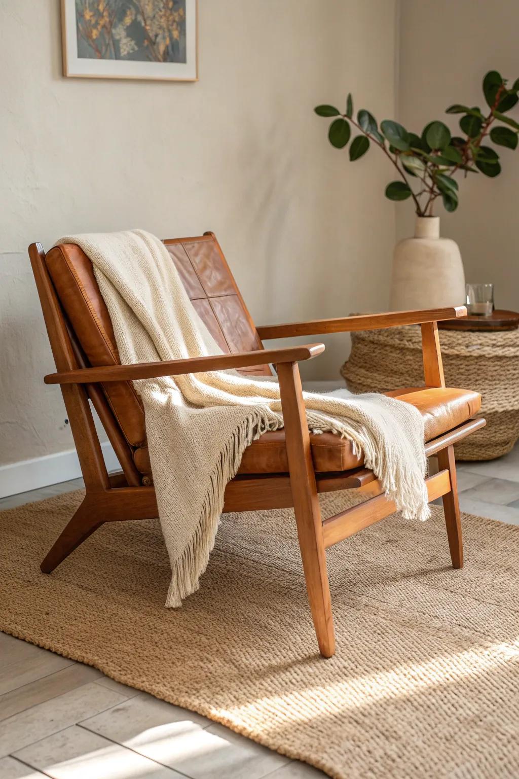 Warm up sleek mid-century lines with cognac leather and a nubby wool throw for cozy contrast.