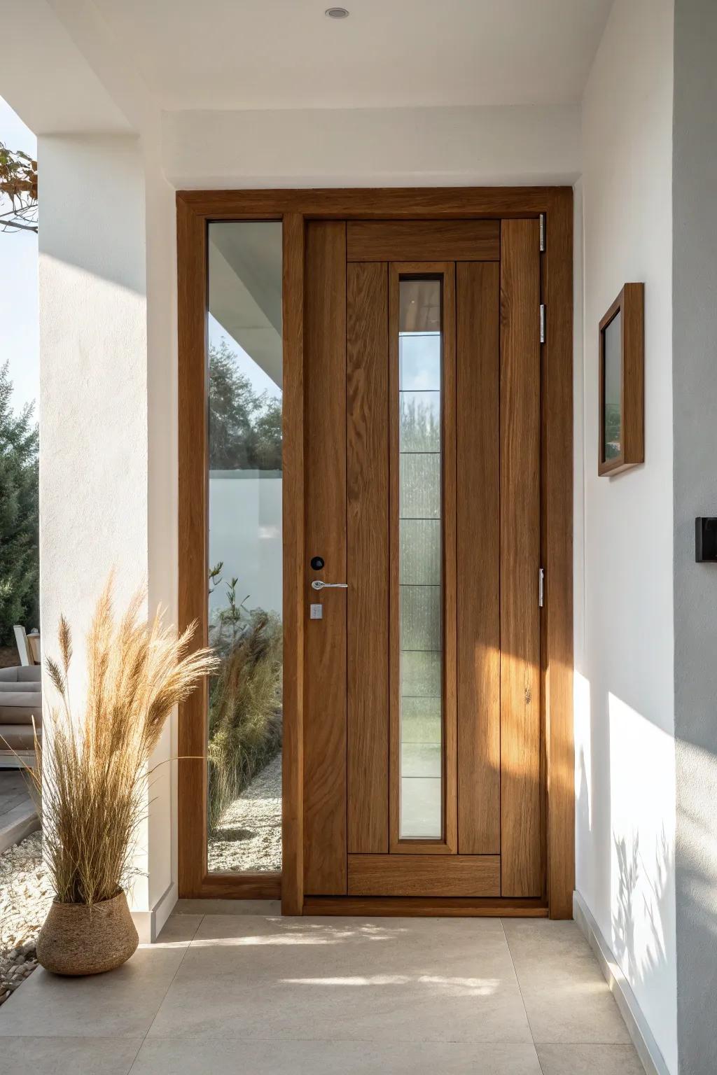 Mid-century walnut entry door with frosted glass panels—bright light, privacy, and warmth.
