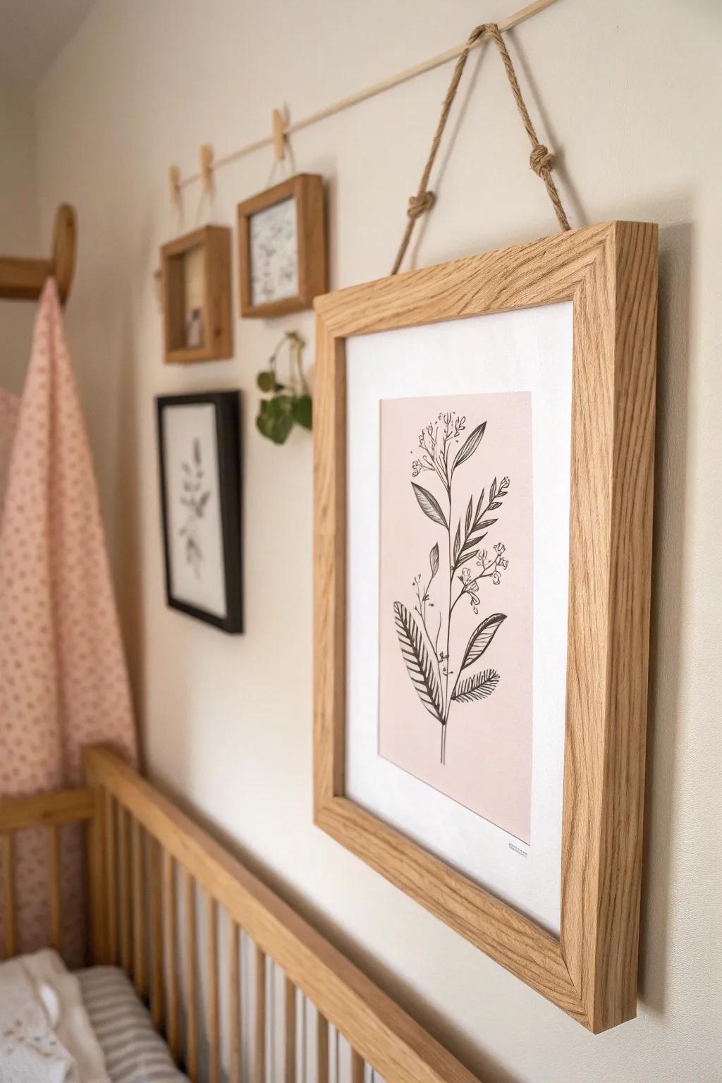 Thin light-wood frames and simple botanicals keep a mid-century nursery calm and serene.