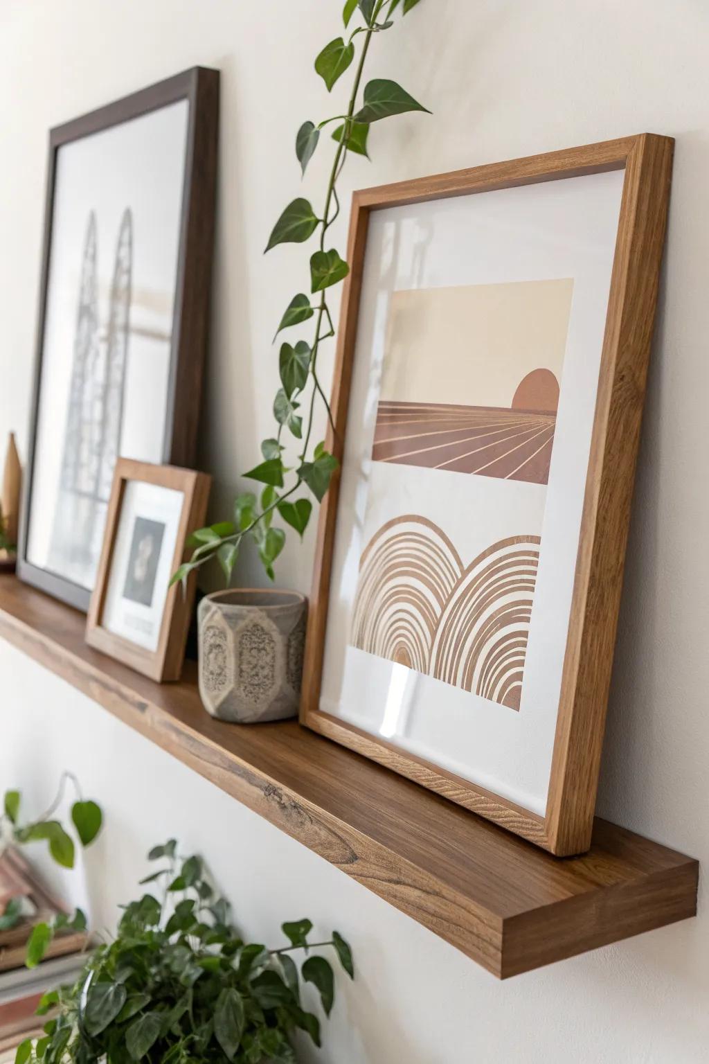 Rotate mid-century prints on a slim wood ledge—layered art and a trailing plant for ease.