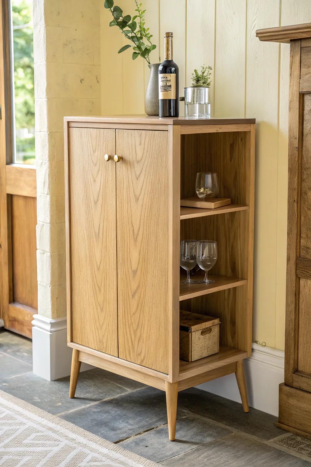 A sleek oak mini bar cabinet with a pull-out tray—your instant mixing counter, beautifully concealed.