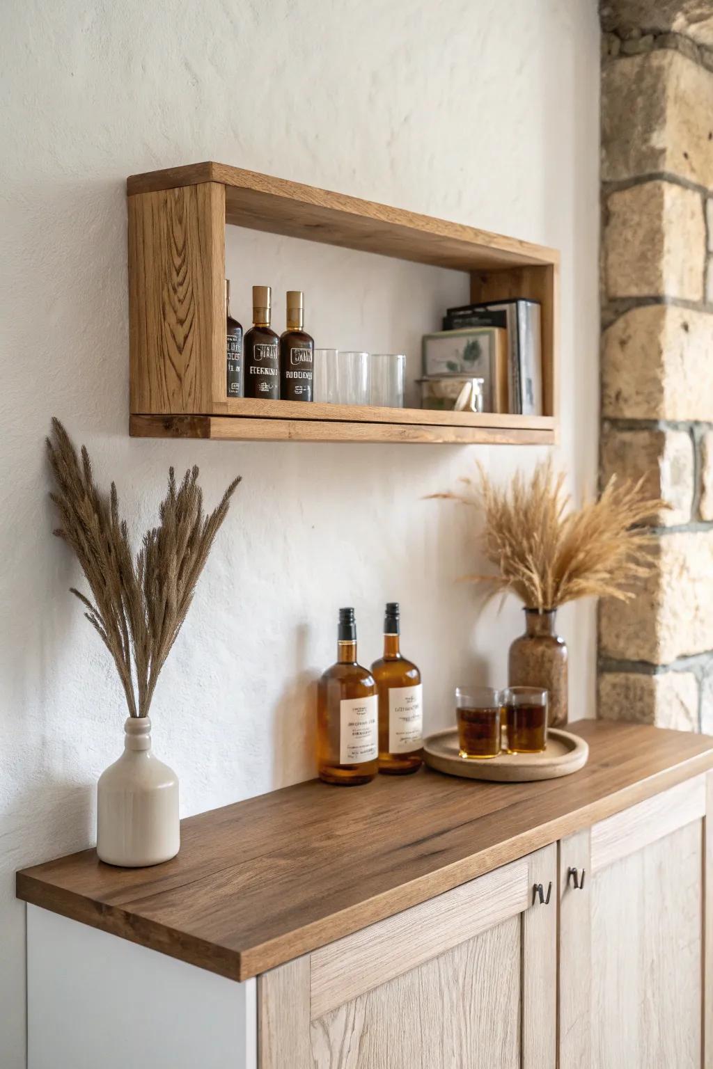 Floating oak shelves + a slim wood ledge create a chic mini bar counter for small spaces.