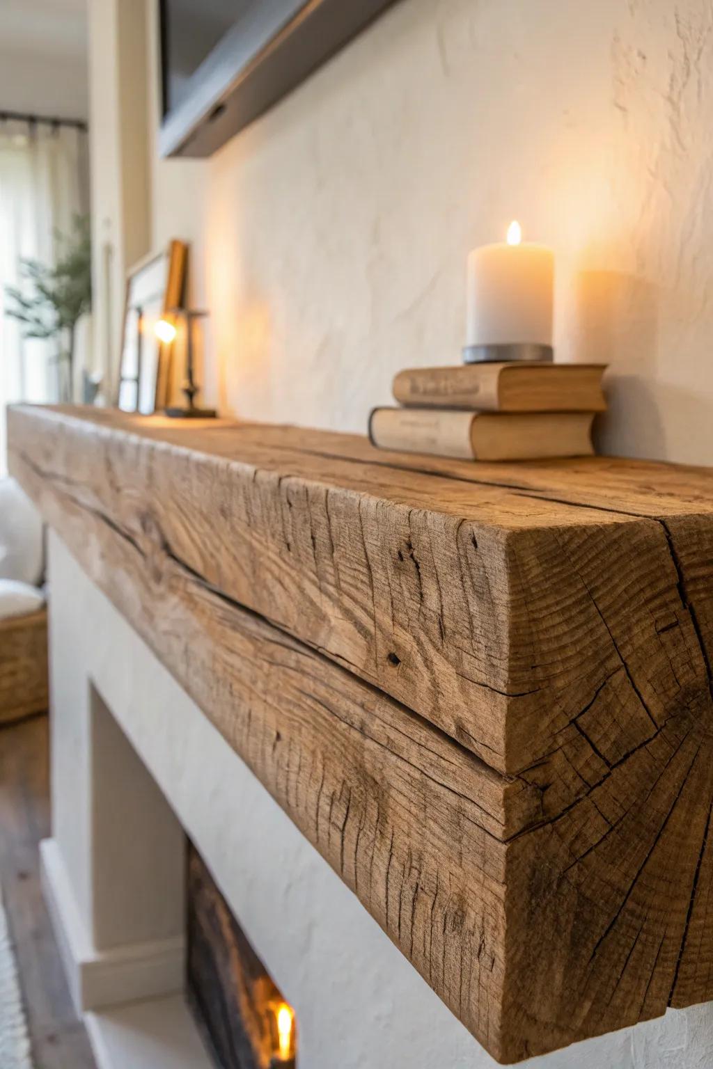 Let the reclaimed wood grain shine—one chunky mantel beam, styled with almost nothing.