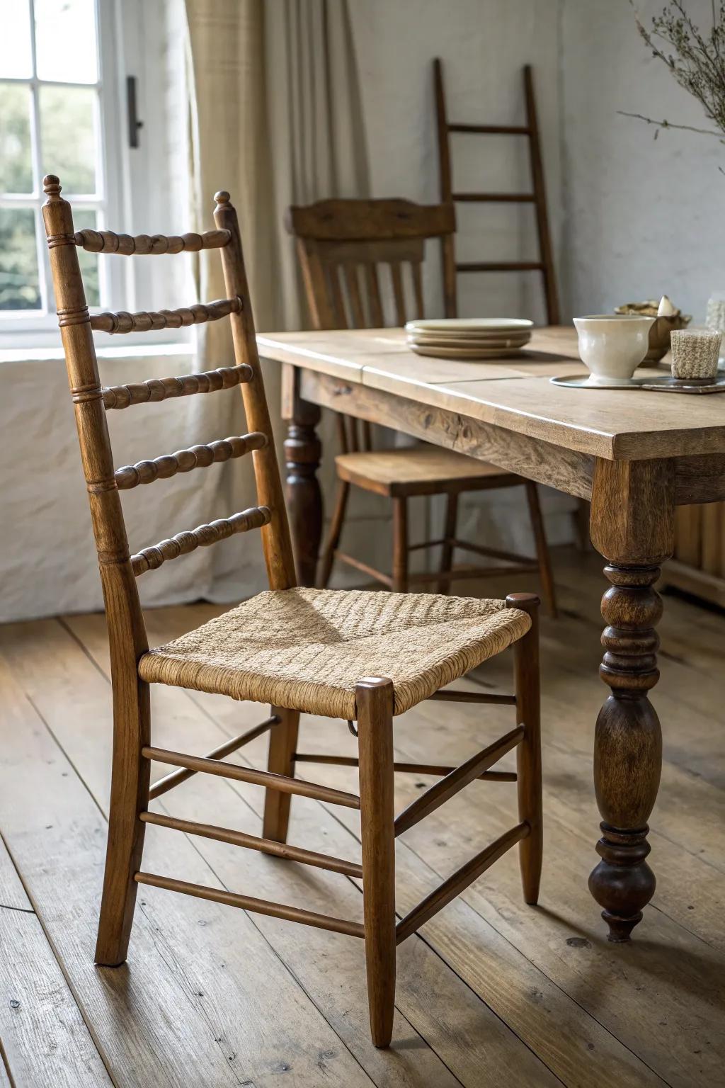 Mix spindle and ladder-backs for a cozy farmhouse look that feels collected, not fussy.