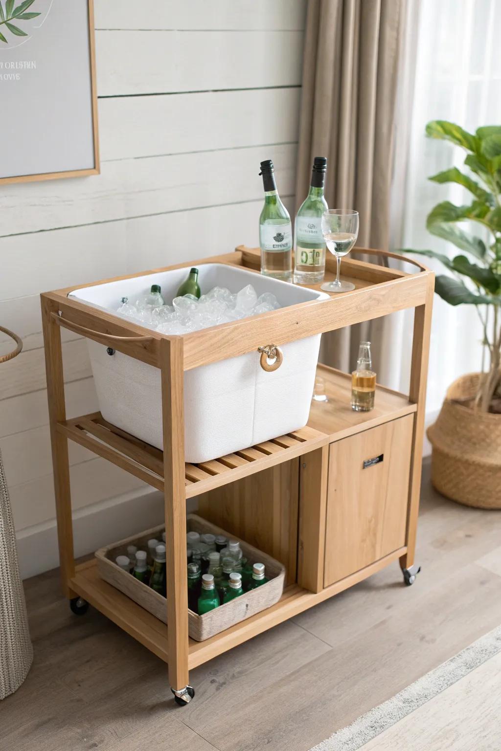 Built-in cooler drawer bar cart: warm oak, clean lines, and a simple drain plug for easy cleanup.